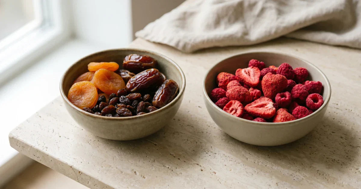 Vergleich zwischen klassisch getrockneten Früchten und gefriergetrockneten Beeren in zwei Schalen