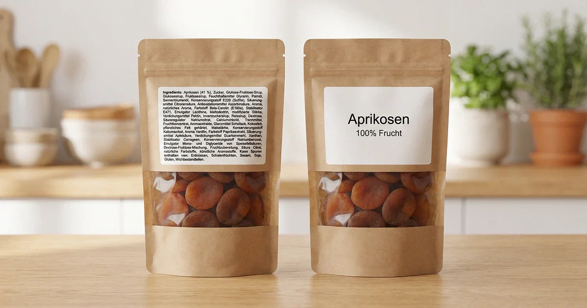 Vergleich zweier Verpackungen mit getrockneten Früchten und unterschiedlich langen Zutatenlisten