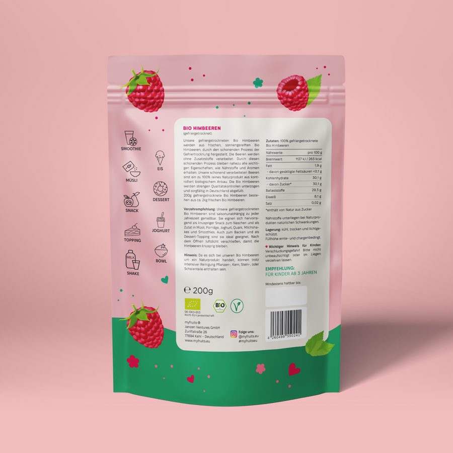 Gefriergetrocknete Bio Himbeeren.