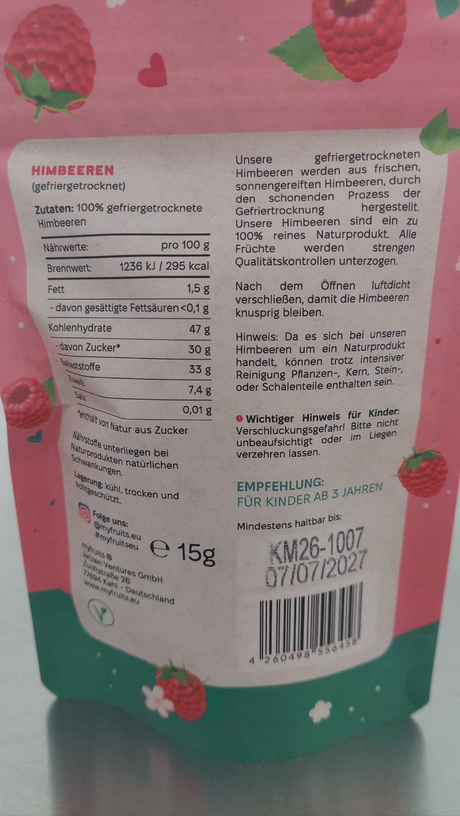 B-Ware Gefriergetrocknete Himbeeren (nicht knusprig) – 15 g.