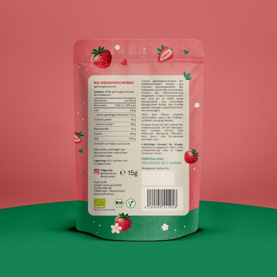 Gefriergetrocknete Bio Erdbeerchips.