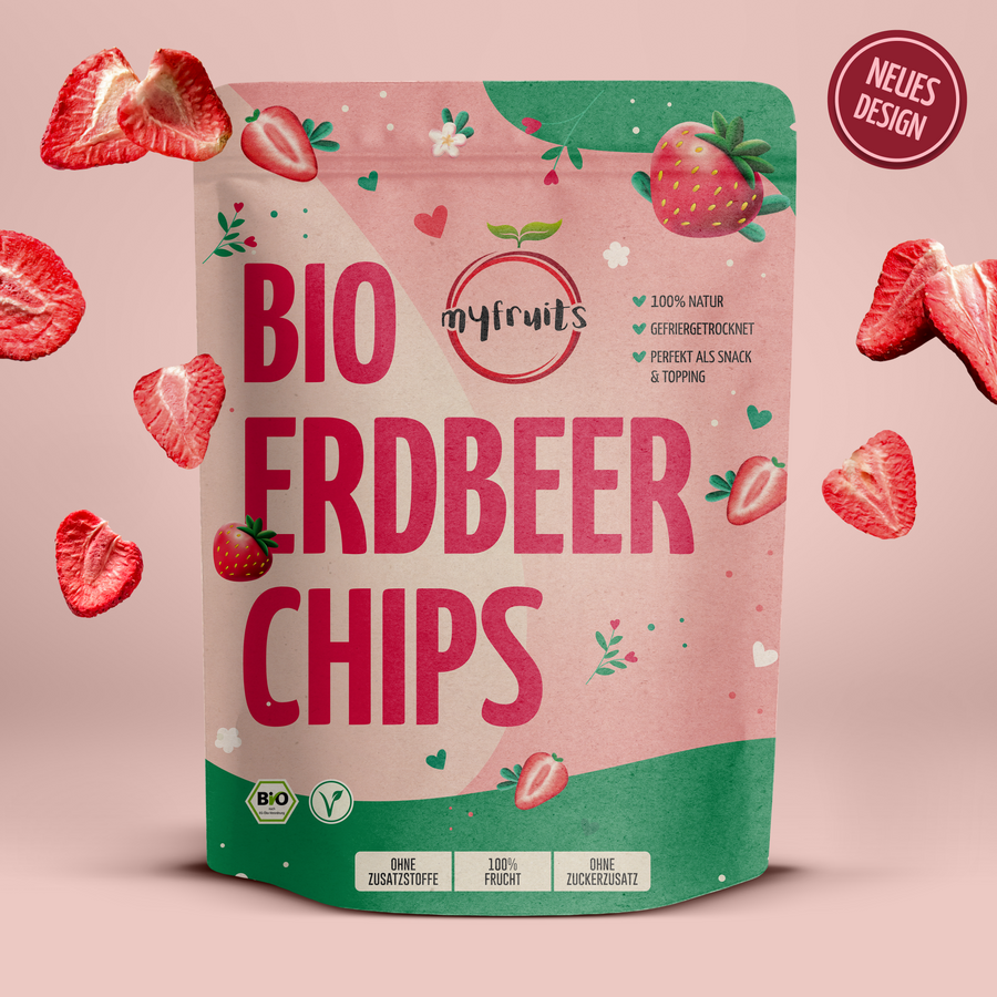 Gefriergetrocknete Bio Erdbeerchips.