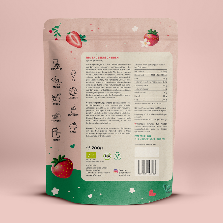 Gefriergetrocknete Bio Erdbeerchips.