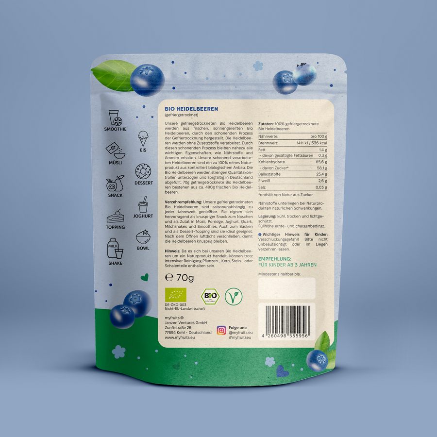 Gefriergetrocknete Bio Heidelbeeren.