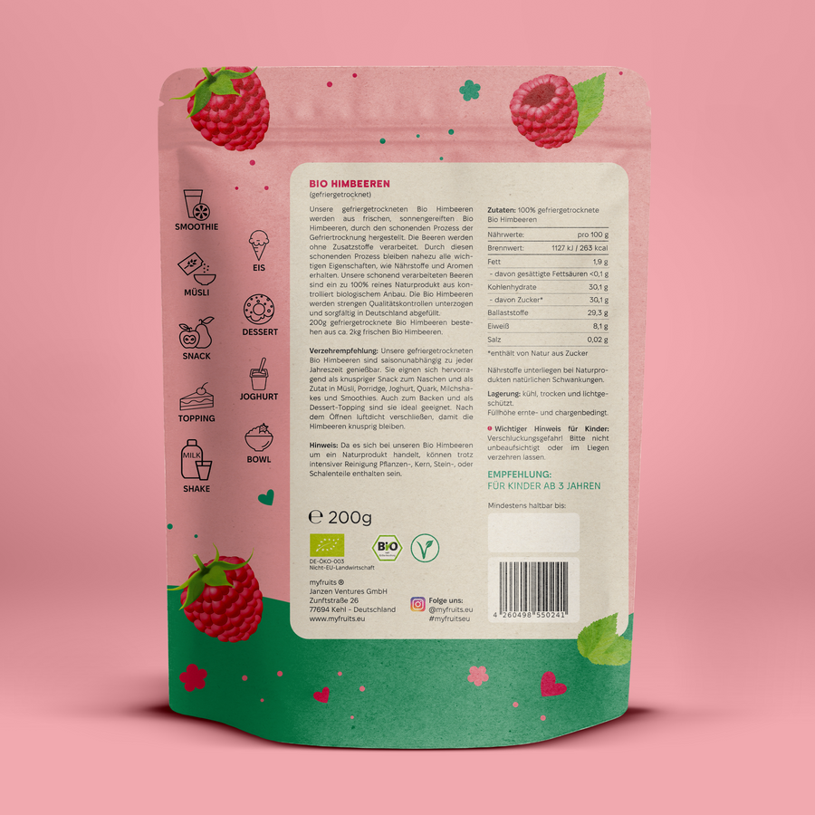 Gefriergetrocknete Bio Himbeeren, Vorratspackung.