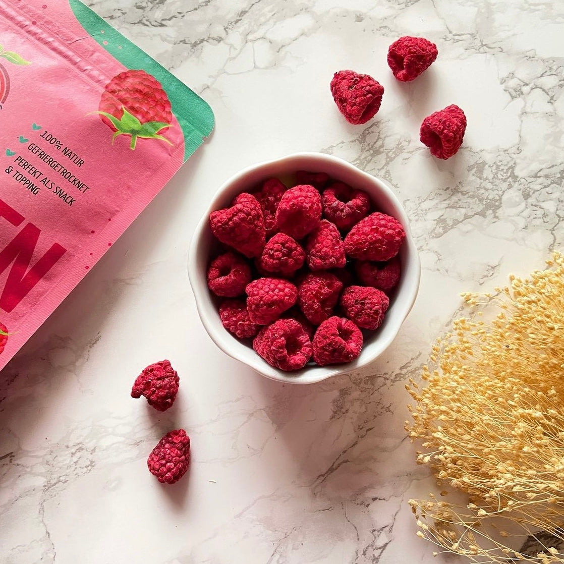 Gefriergetrocknete Bio Himbeeren.