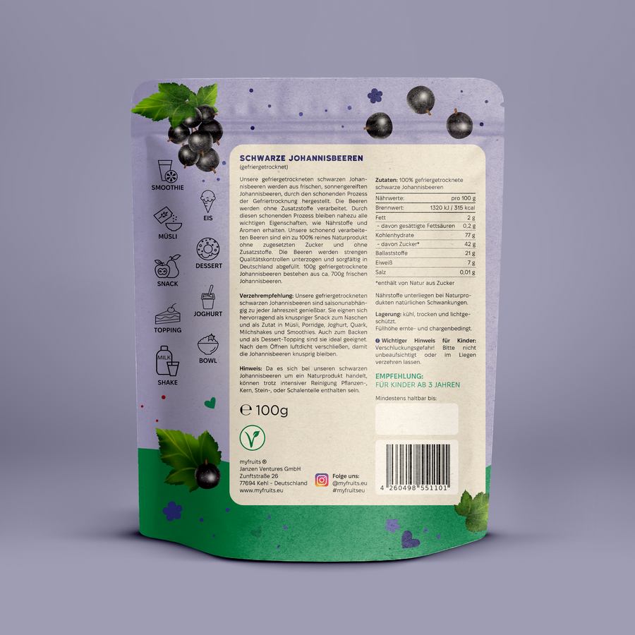 Gefriergetrocknete Schwarze Johannisbeeren.